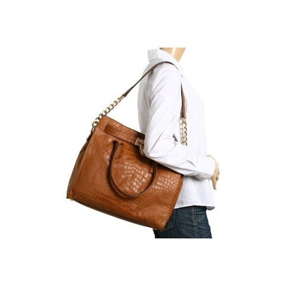 MICHAEL Michael Kors Hamilton Large Tote Handbag Mocha Gold Hardware Croc - Picture 5 of 16